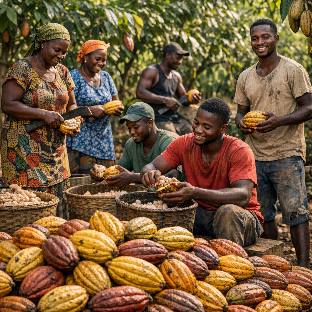 Cocoa farmers and fields in Ghana